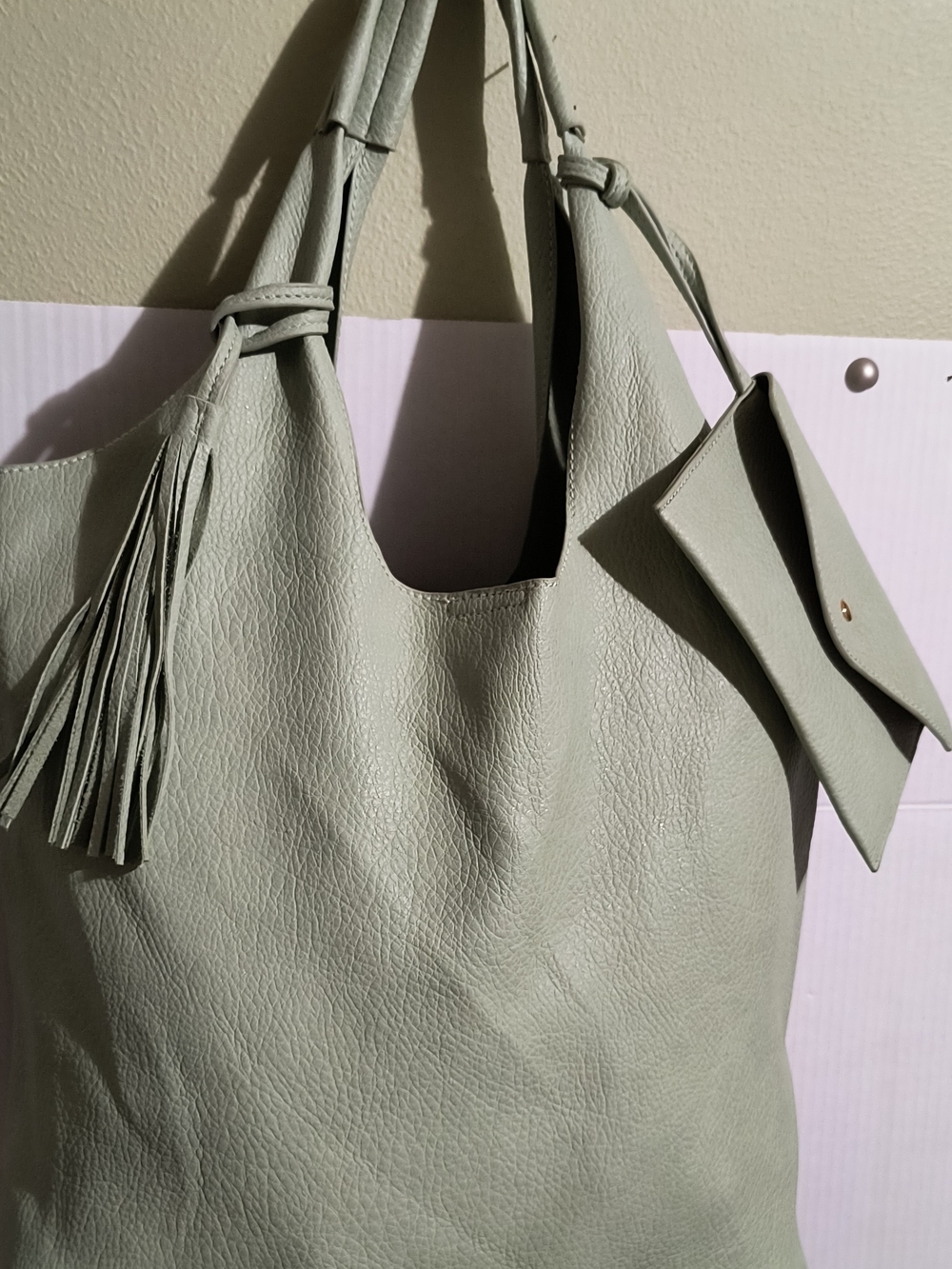 Minimalist Light Mint Shoulder Tote with Tassel and Pouch